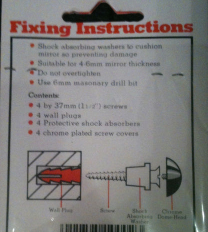 Chrome Mirror Fixing Kit, 4x Chrome Dome Head, Screws, Shock Absober, Wall Plugs