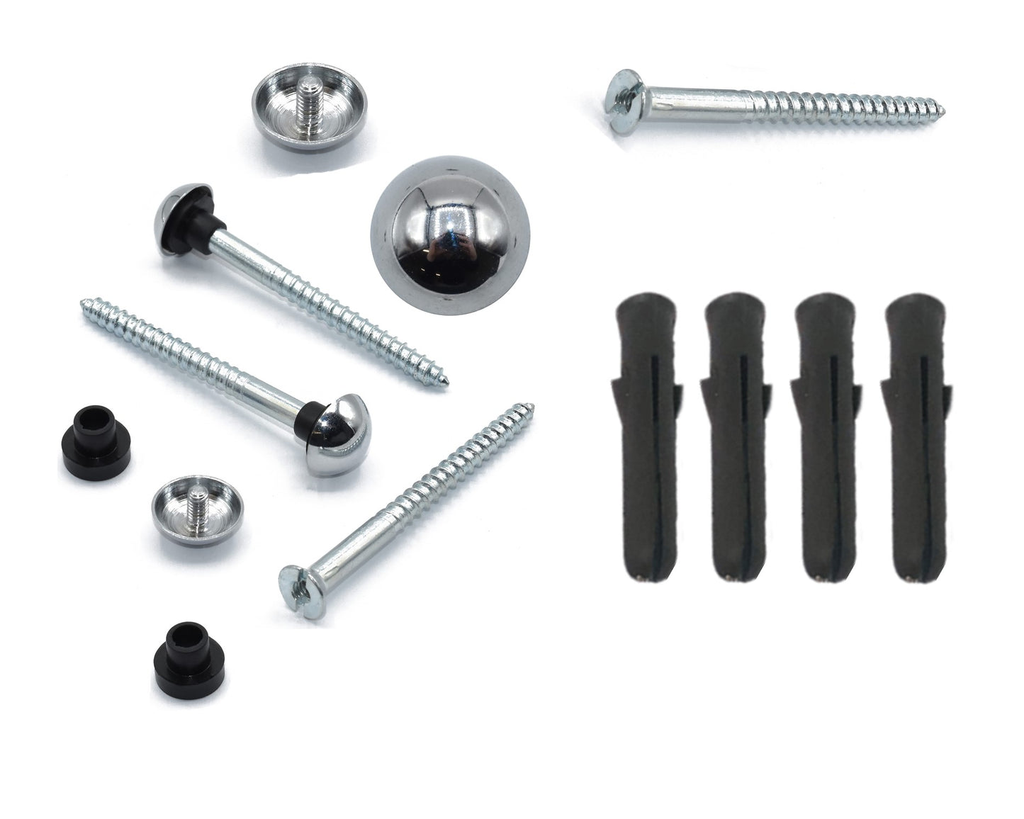 Chrome Mirror Fixing Kit, 4x Chrome Dome Head, Screws, Shock Absober, Wall Plugs